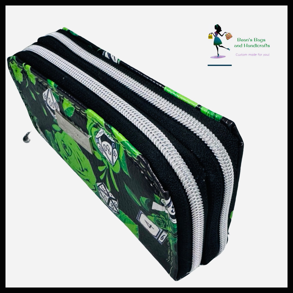Deuce Coupe Double Zip Wallet -Green Roses and Gaming Dice