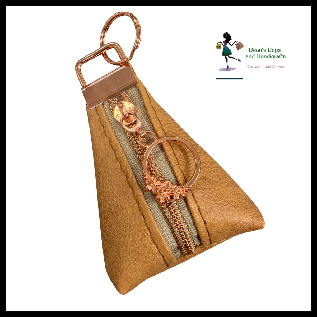 Key Chain Pouch -Light Brown and Rosegold Floral