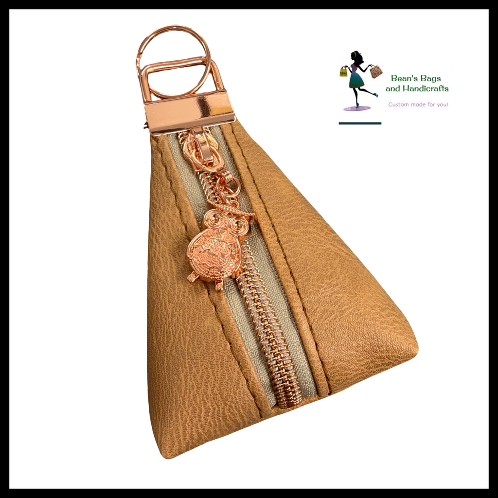 Key Chain Pouch -Light Brown and Rosegold Owl