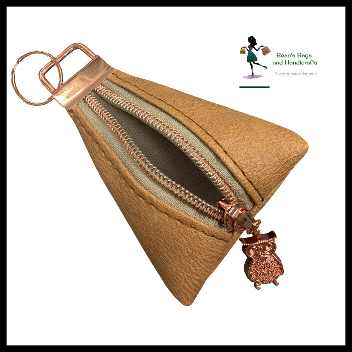 Key Chain Pouch -Light Brown and Rosegold Owl