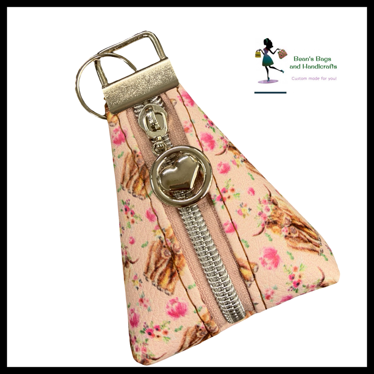Key Chain Pouch -Pink Highland Cow and Nickel Heart