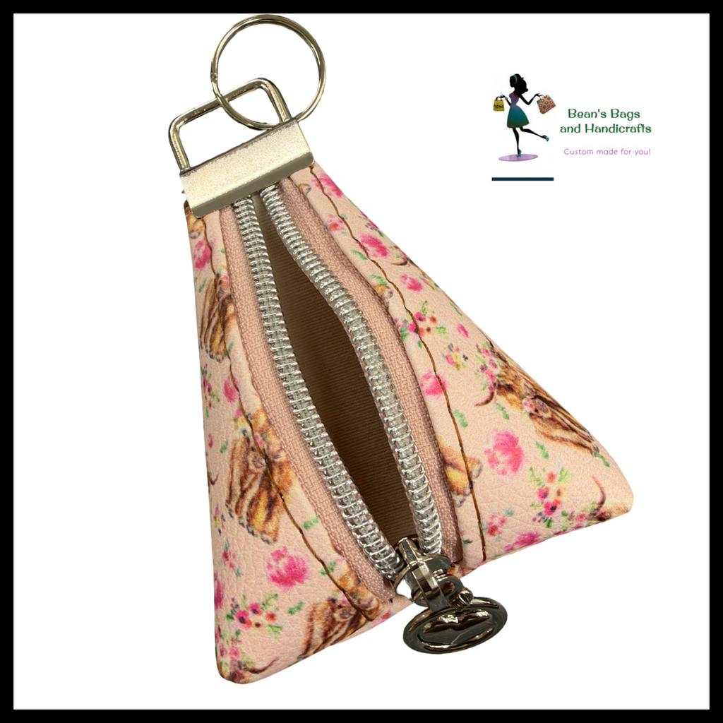 Key Chain Pouch -Pink Highland Cow and Nickel Heart