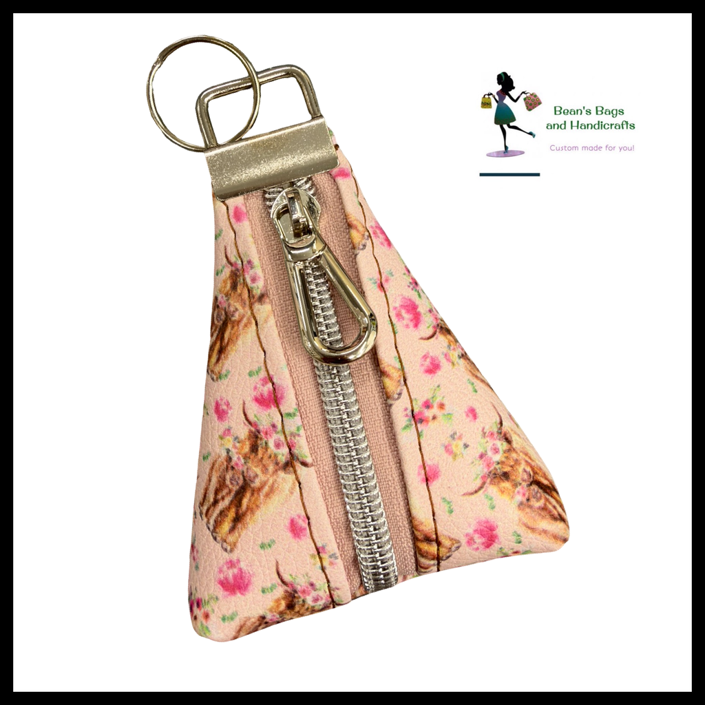 Key Chain Pouch -Pink Highland Cow and Nickel Drop