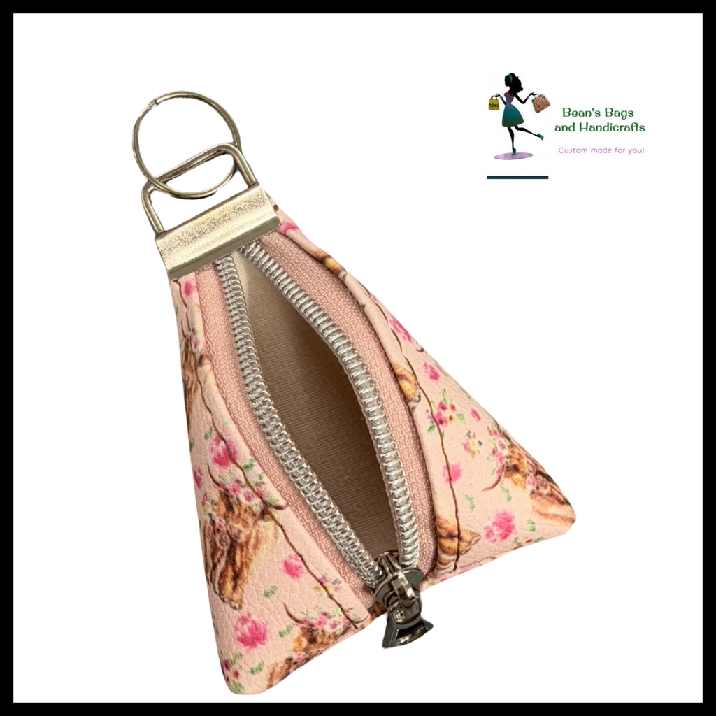 Key Chain Pouch -Pink Highland Cow and Nickel Drop