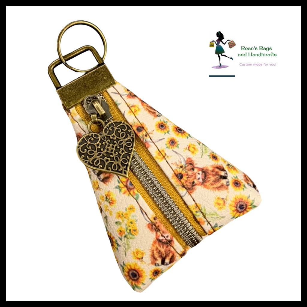 Key Chain Pouch -Sunflower Highland Cow and Antique Brass Heart