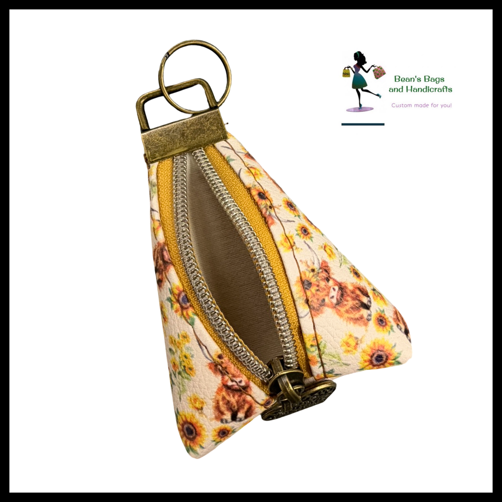 Key Chain Pouch -Sunflower Highland Cow and Antique Brass Heart