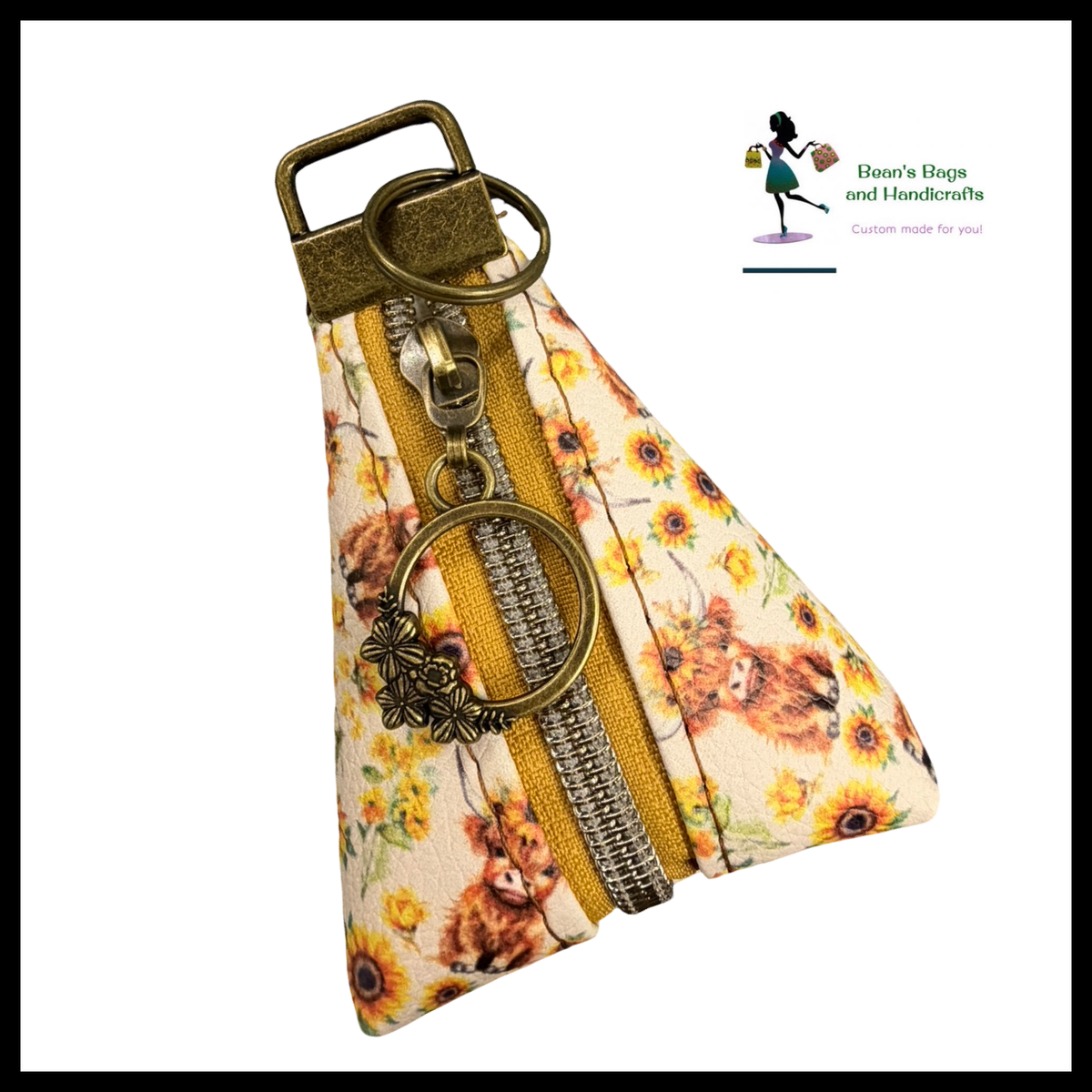 Key Chain Pouch -Sunflower Highland Cow and Antique Brass Floral