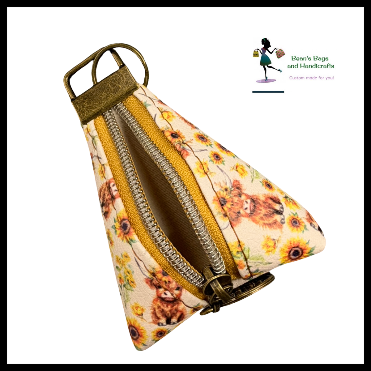 Key Chain Pouch -Sunflower Highland Cow and Antique Brass Floral